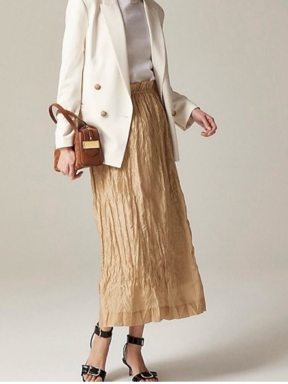 J. Crew Crinkled Gathered Midi Skirt in Camel Tan